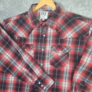 Ely Cattleman Shirt Mens 2XL Red Black Plaid Western Pearl Snap Flannel Cowboy